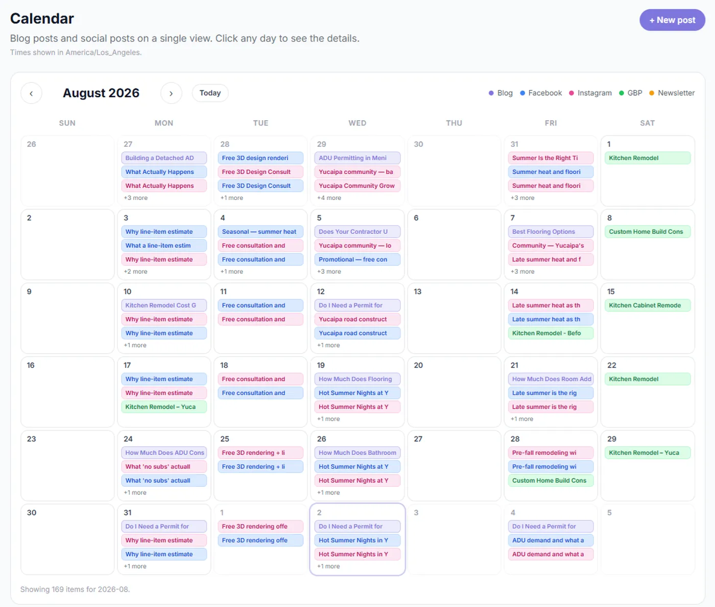 A month of scheduled content on one calendar — blog, Facebook, Instagram, Google Business Profile and newsletter posts, 169 items in August.